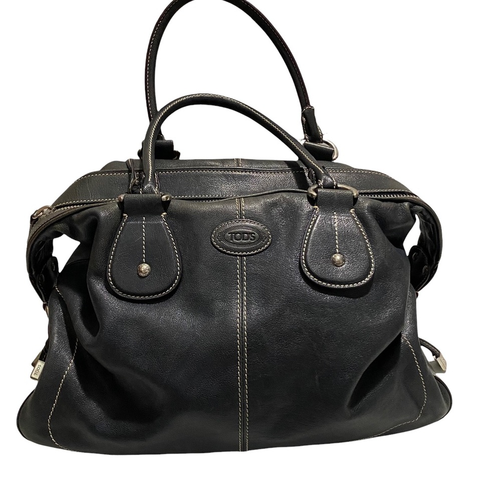 USED TOD’S Leather Satchel Contrast Stitching Dual Handles Top Zip(no dust bag)